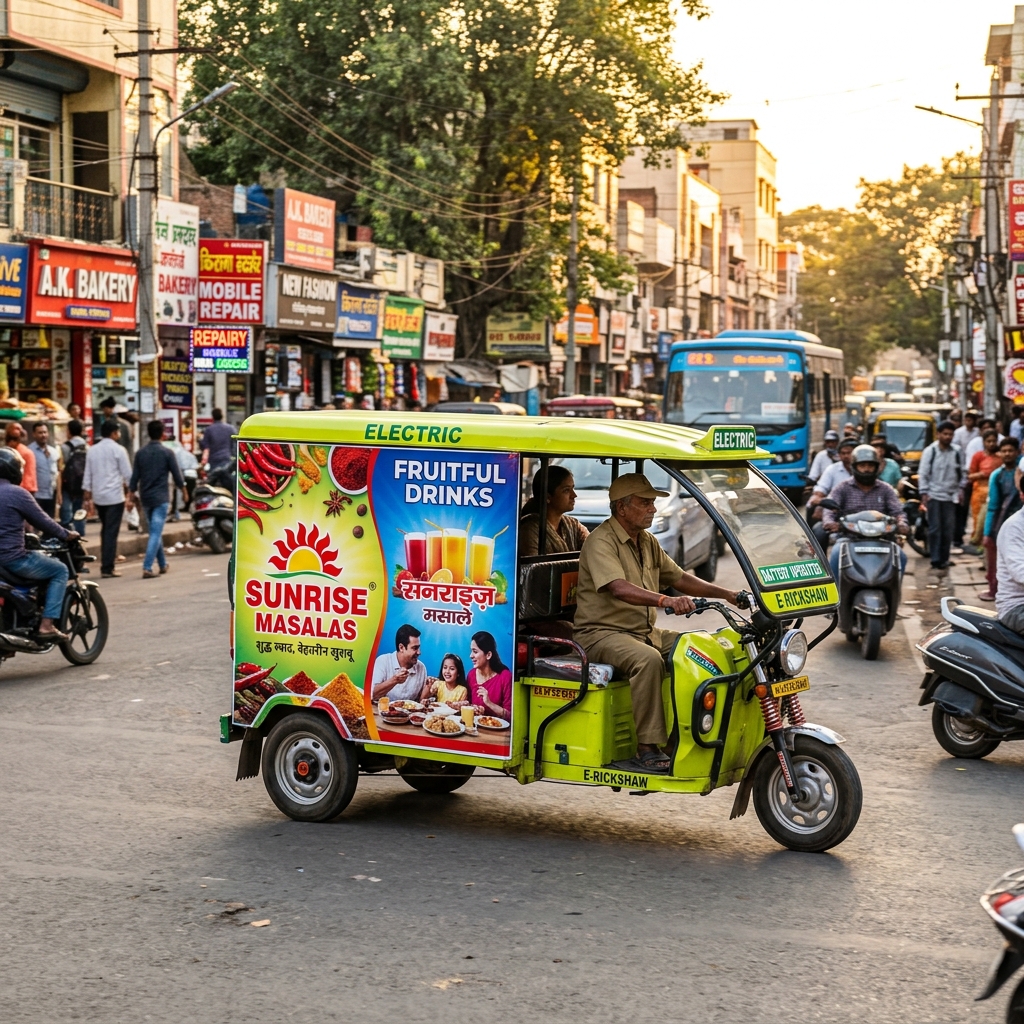AutoAds outdoor advertising agency — branded e-rickshaw campaign on Indian city street, outdoor advertising in Delhi